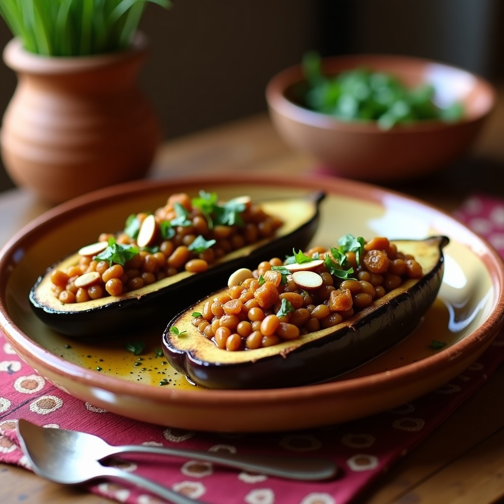Berenjenas asadas doradas rellenas de una mezcla espesa de lentejas pardinas, pasas sultanas y almendras fileteadas, decoradas con perejil fresco y un hilo de aceite de oliva virgen extra. Plato tradicional marroquí vegano servido en fuente de barro rústica.