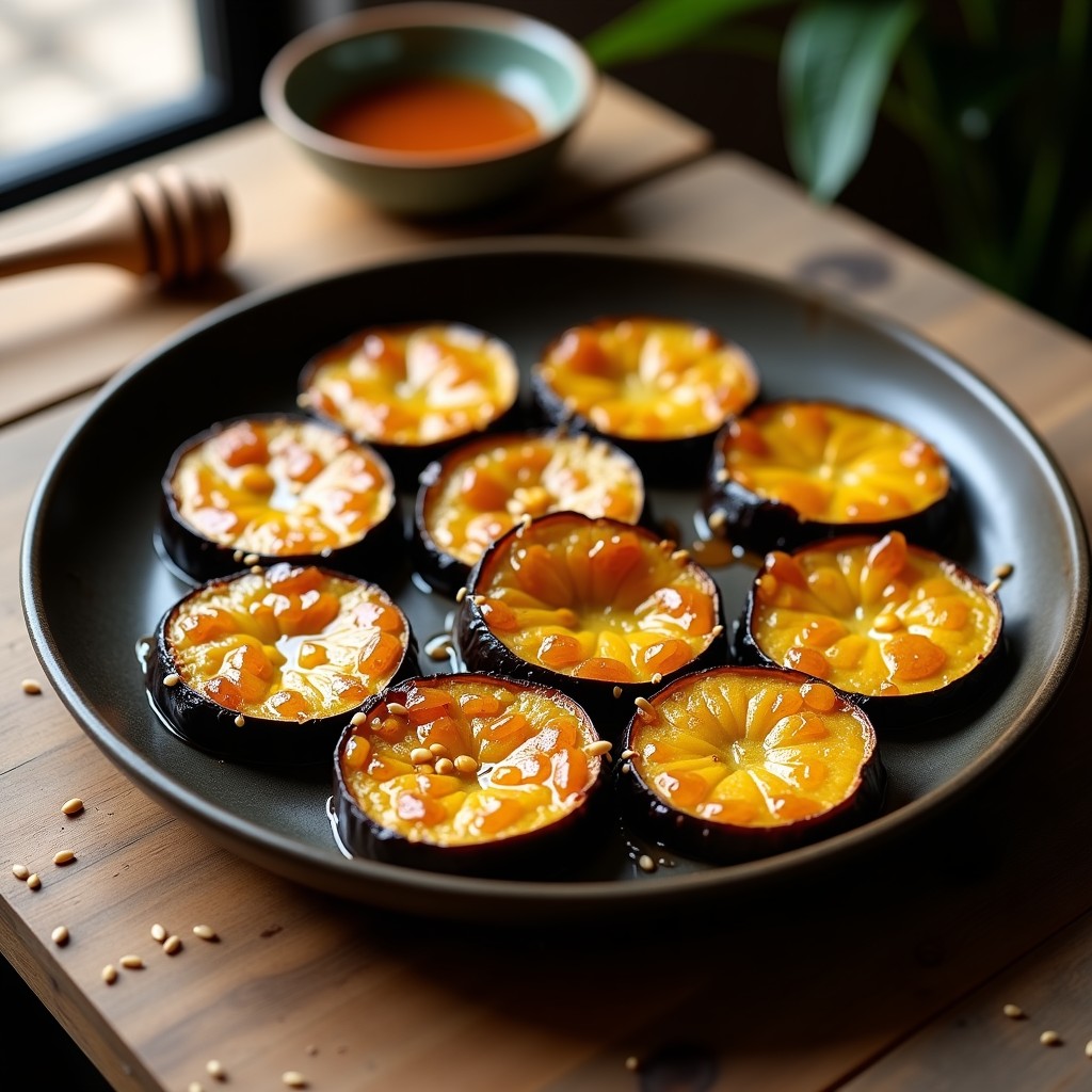 Bandeja de horno con rodajas de berenjena asada dorada, glaseadas con miel brillante y espolvoreadas con sésamo tostado, receta vegana rápida.