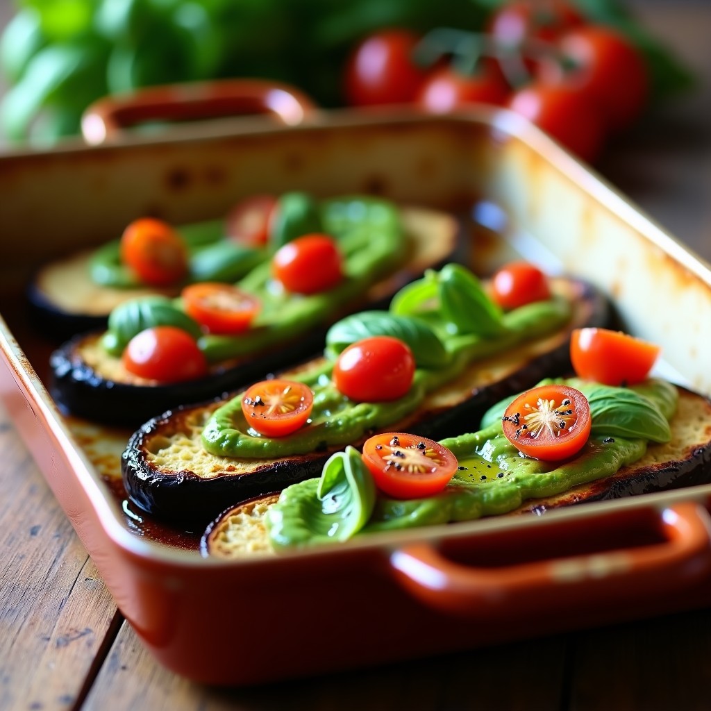 Bandeja de horno con rodajas de berenjena asada doradas, cubiertas de pesto vegano cremoso verde y decoradas con tomates cherry rojos, receta al horno sin lácteos.