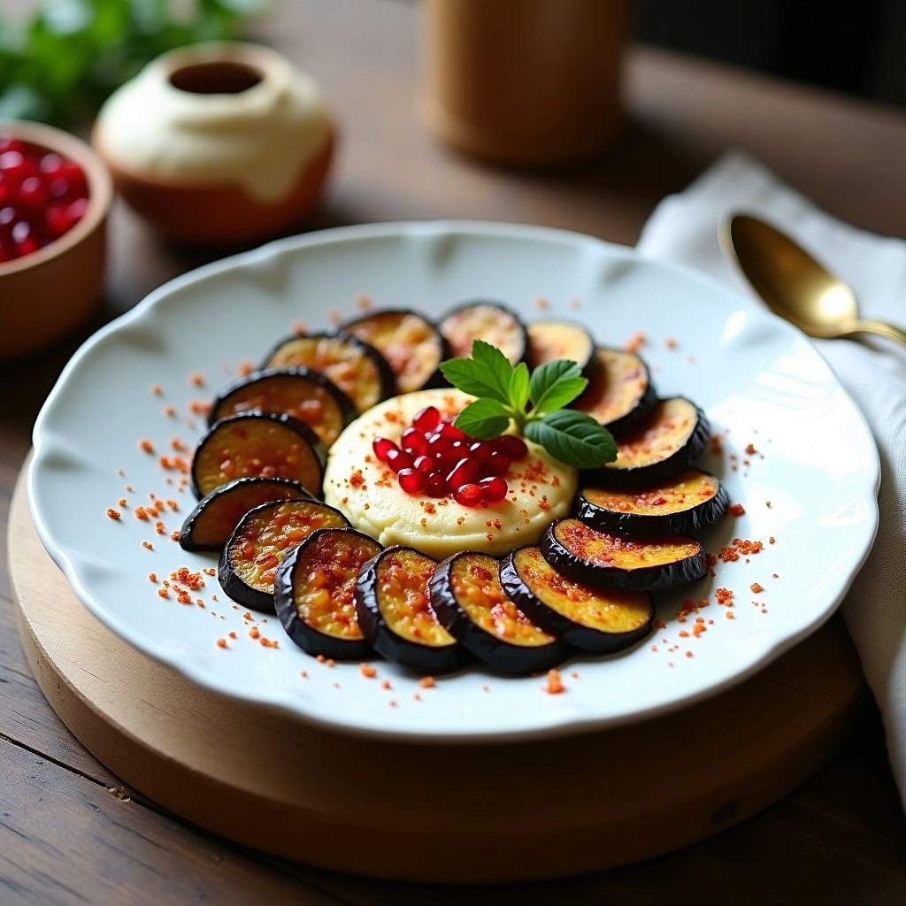 Berengenas Asadas con Puré de Hummus y Granado: Receta Árabe Vegana y Sin Horno