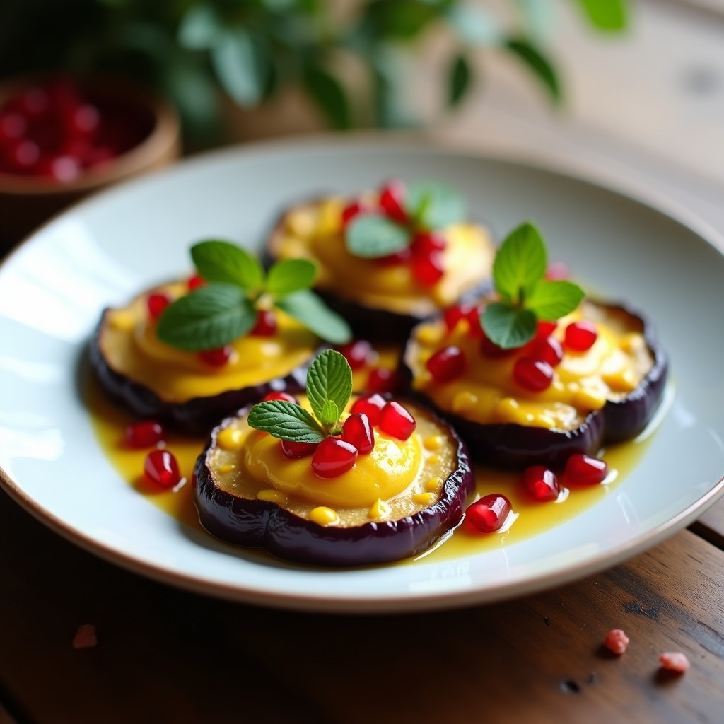 Plato blanco con rodajas de berenjena asada doradas, cubiertas con queso cremoso amarillo de cúrcuma y decoradas con semillas de granado rojas y hojas de menta verde. Receta libanesa en airfryer con toque dulce-salado.