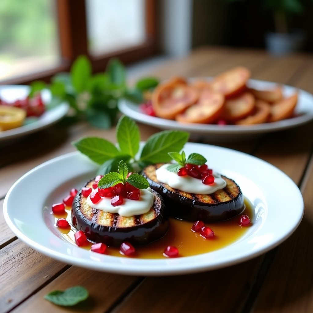 Plato blanco con berenjenas asadas al horno rellenas de salsa cremosa de yogur griego, decoradas con semillas rojas de granada y hojas de menta fresca, entrante iraní fresco y colorido.