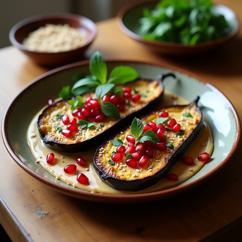 Plato de berenjenas asadas con tahini y granada, receta libanesa vegana y sin cocción, servidas en fuente de barro con salsa cremosa y semillas de sésamo.