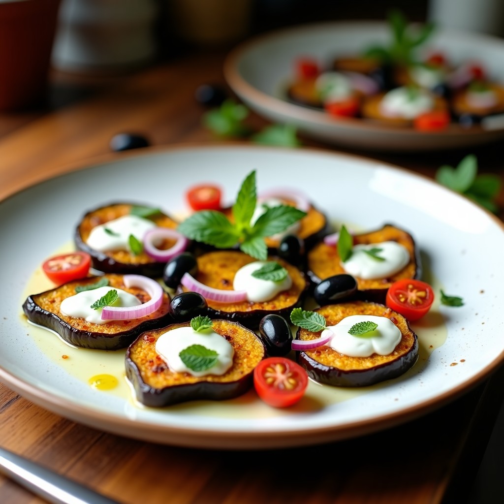 Plato blanco con berenjenas asadas doradas en rodajas gruesas, cubiertas con salsa cremosa de yogur de soja y menta fresca. Acompañadas de tomates cherry, cebolla morada en juliana y aceitunas kalamata. Decoración con hojas de menta y un chorrito de aceite de oliva.