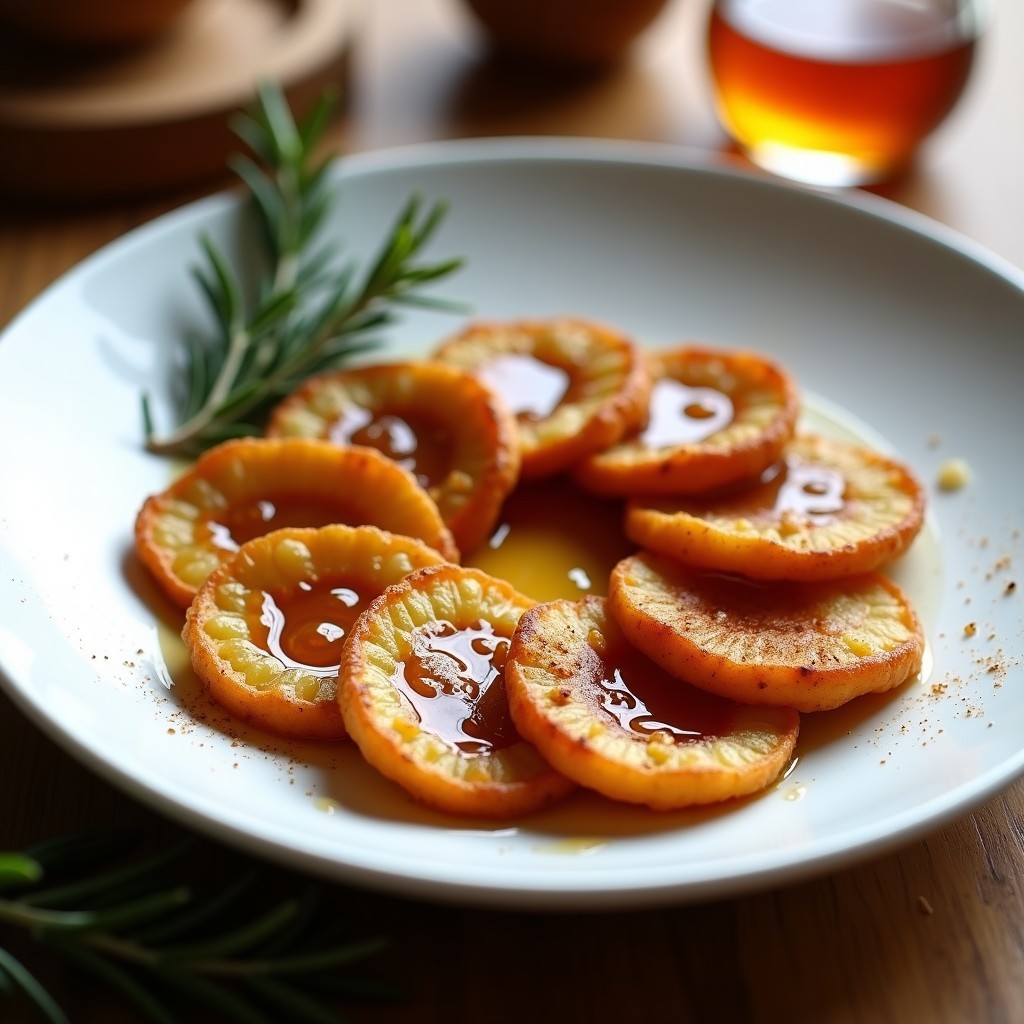 Plato blanco rústico con berenjenas fritas doradas en rodajas, bañadas con miel de caña brillante y espolvoreadas con canela, típico aperitivo andaluz.