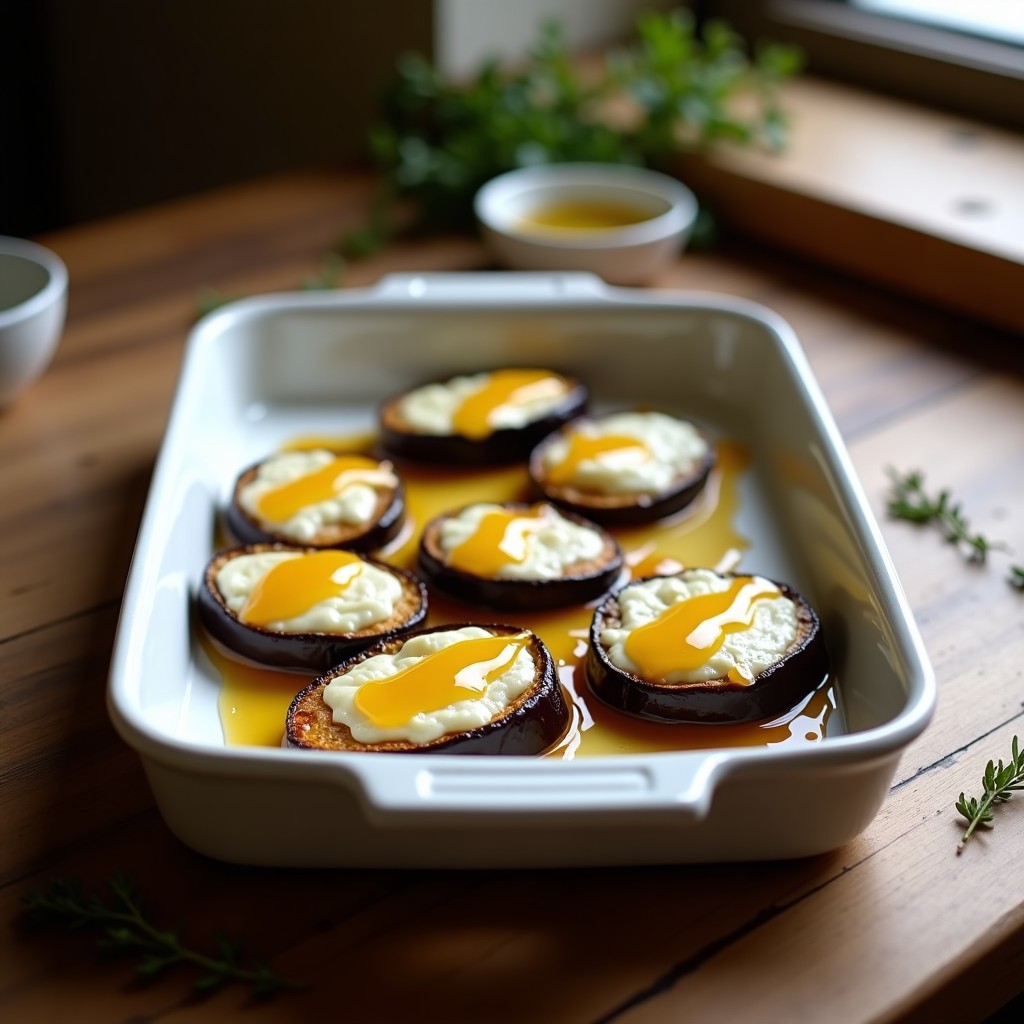 Bandeja de horno con berenjenas asadas en rodajas, cubiertas de queso de cabra gratinado y un hilo dorado de miel de caña, sobre fondo rústico de madera.