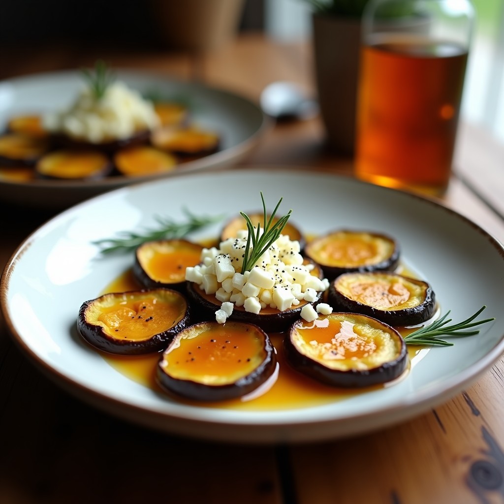 Plato blanco rústico con berenjenas doradas y crujientes, cubiertas de queso fresco desmenuzado y bañadas en miel de romero, receta tradicional española fácil y rápida.