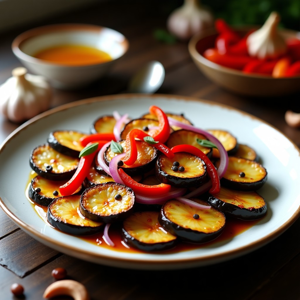 Berenjenas en escabeche servidas en un plato blanco rústico, con rodajas doradas de berenjena, cebolla morada, pimiento rojo y especias visibles, receta airfryer sin aceite.