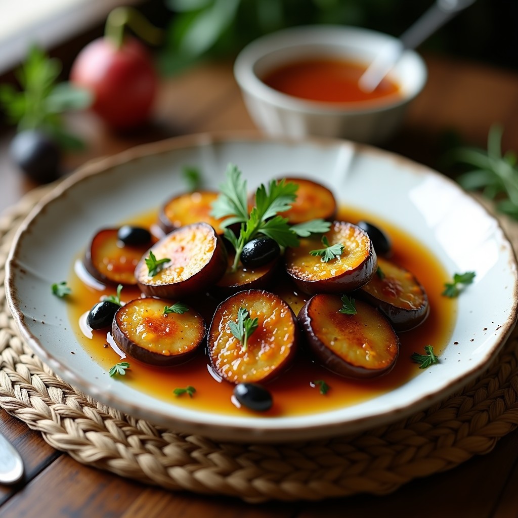 Plato blanco rústico con berenjenas en escabeche andaluz, rodajas doradas bañadas en un líquido ámbar con especias, decorado con perejil fresco y aceitunas.