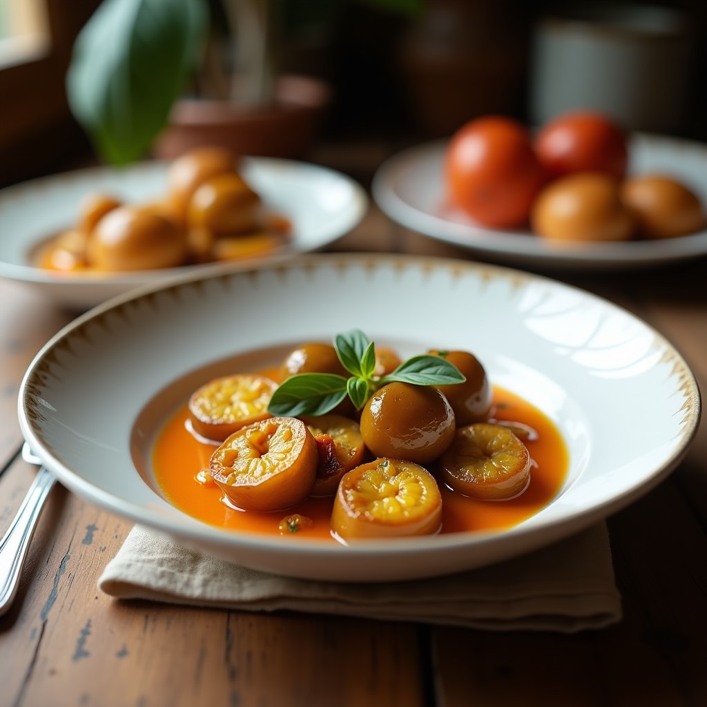 Tarros de vidrio transparente llenos de berenjenas en escabeche andaluz, rodajas doradas sumergidas en líquido ámbar con ajo, laurel y pimentón. Plato rústico de fondo.