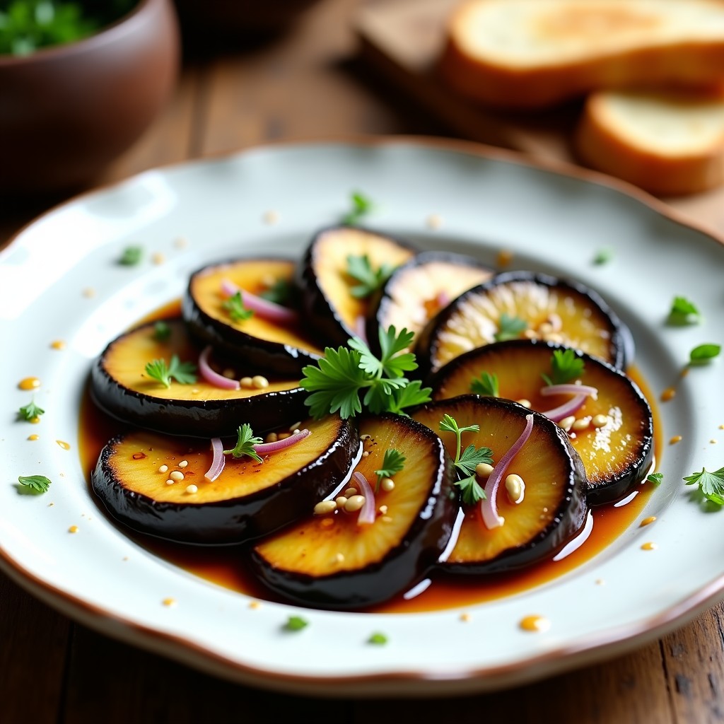 Plato de cerámica blanca con berenjenas en escabeche vegano, rodajas moradas marinadas en vinagre de Módena y miel de dátiles, decoradas con semillas de sésamo y cilantro fresco sobre fondo rústico de madera.
