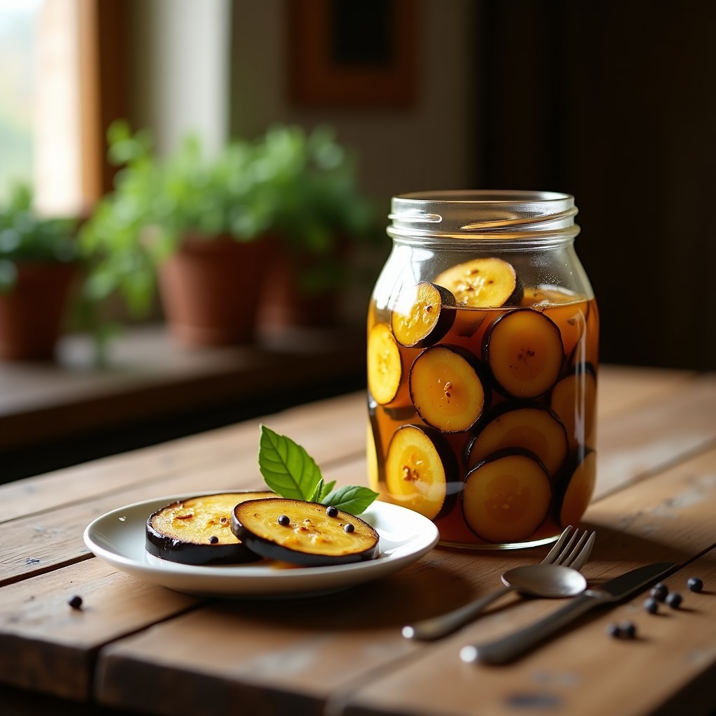 Tarro de vidrio transparente lleno de berenjenas en escabeche, con rodajas doradas sumergidas en un líquido ámbar aromatizado con ajo, laurel y pimienta. Plato tradicional español sobre mesa de madera rústica.