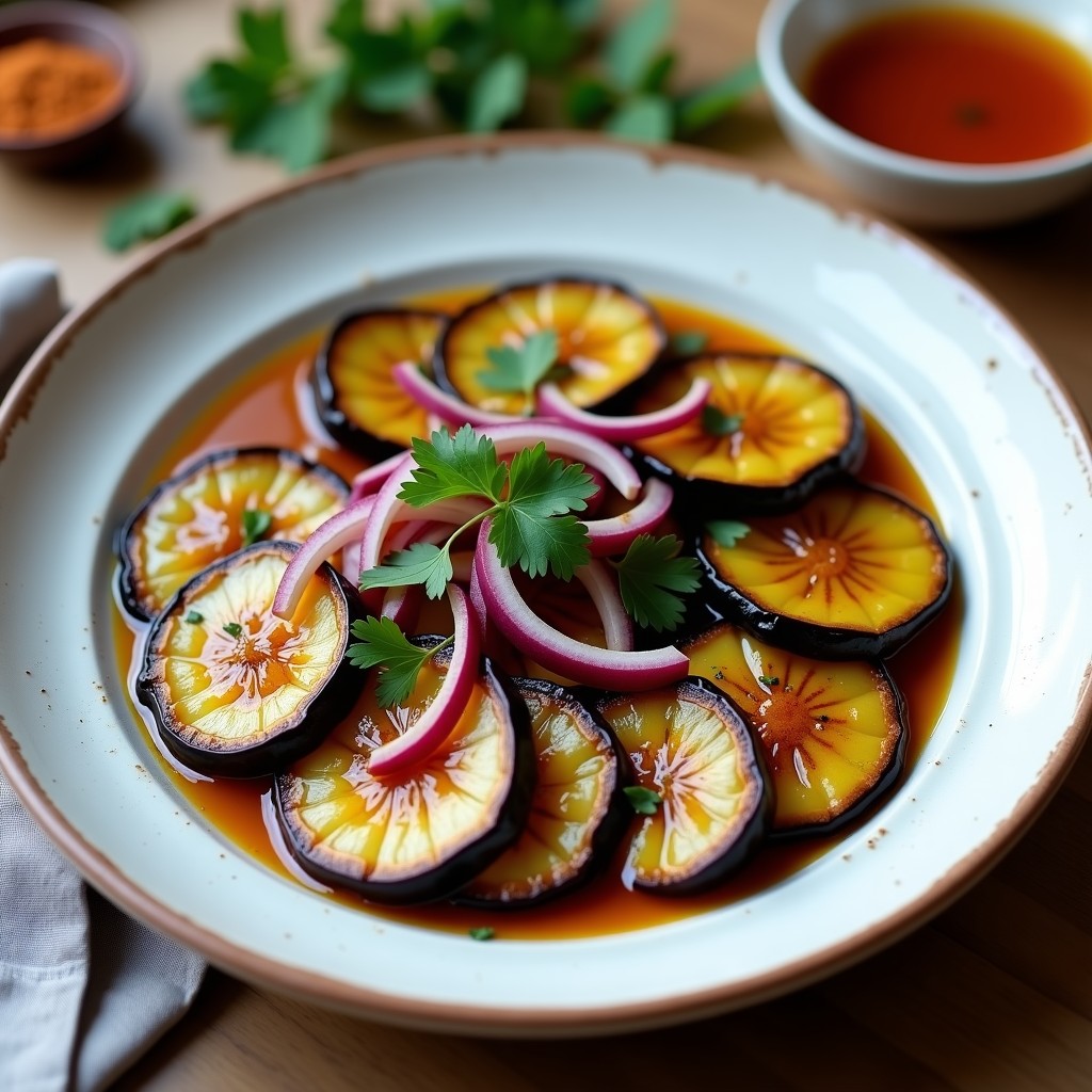 Berenjenas en escabeche vegano servidas en un plato blanco, con rodajas gruesas de berenjena morada brillante, cebolla morada en juliana, perejil fresco y un fondo de aceite de oliva con especias.