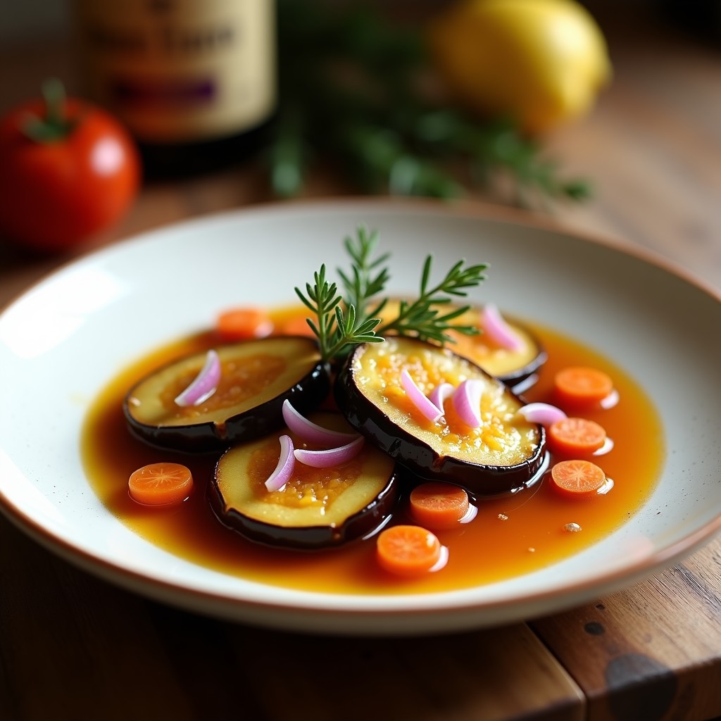 Plato blanco rústico con berenjenas en escabeche con vinagre de Moscatel, rodajas doradas bañadas en líquido ámbar con trozos de cebolla morada, zanahoria y ajo. Decorado con una ramita de tomillo fresco.