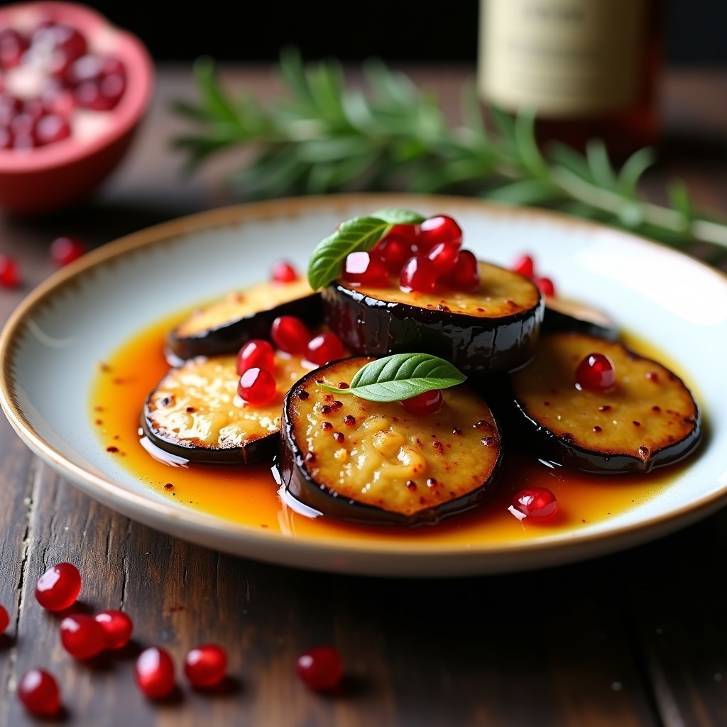 Berenjenas al escabeche con vinagreta de granado en Thermomix: rodajas de berenjena morada marinadas en un líquido dorado con semillas de granado rojas, servidas en un plato blanco rústico con aceite de oliva y hojas de laurel.