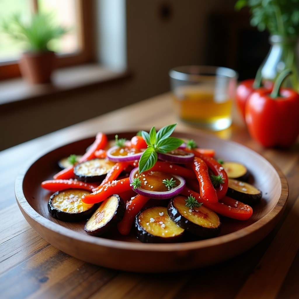 Plato de madera rústico con berenjenas a la escalivada, pimientos y cebolla asados en tiras, bañados en aceite de oliva y ajo, receta tradicional catalana.