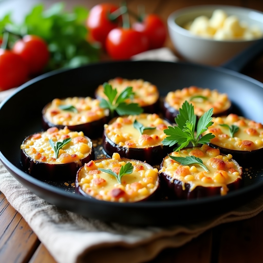 Sartén antiadherente con berenjenas gratinadas con parmesano ahumado, doradas y crujientes por fuera, cremosas por dentro, decoradas con perejil fresco.