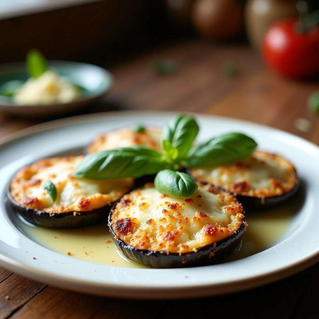 Rodajas de berenjenas gratinadas doradas con parmesano fundido y albahaca fresca, servidas en plato blanco sobre fondo rústico de madera, receta crujiente en airfryer.