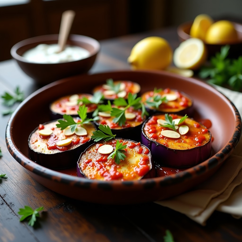 Bandeja de berenjenas al horno con harissa y queso halloumi dorado, servidas con salsa de yogur griego y almendras tostadas, receta árabe picante ideal para tupper.