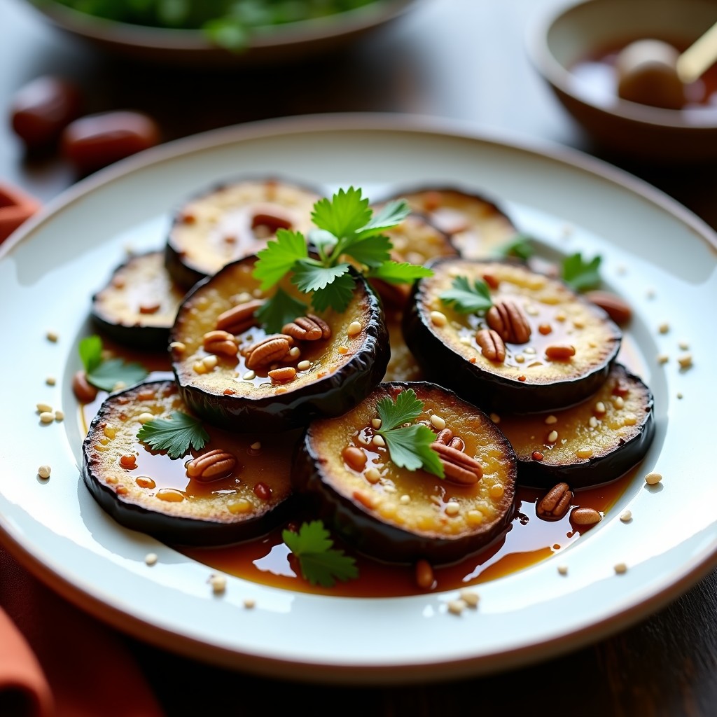 Rodajas gruesas de berenjena asada al horno con superficie dorada y crujiente, bañadas en miel de dátiles brillante y espolvoreadas con nueces pecanas tostadas, semillas de sésamo y hojas de menta fresca. Plato marroquí vegano con contrastes de texturas y sabores dulces-salados.