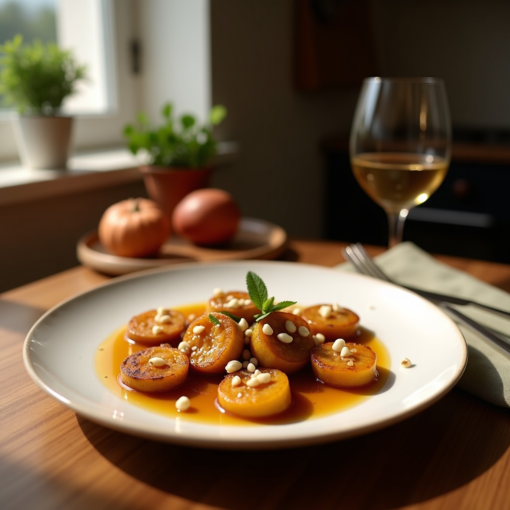 Bandeja de cerámica blanca con rodajas de berenjenas asadas doradas, cubiertas de miel de granado brillante, nueces picadas y hojas de menta fresca, sobre fondo rústico de madera con semillas de sésamo espolvoreadas.