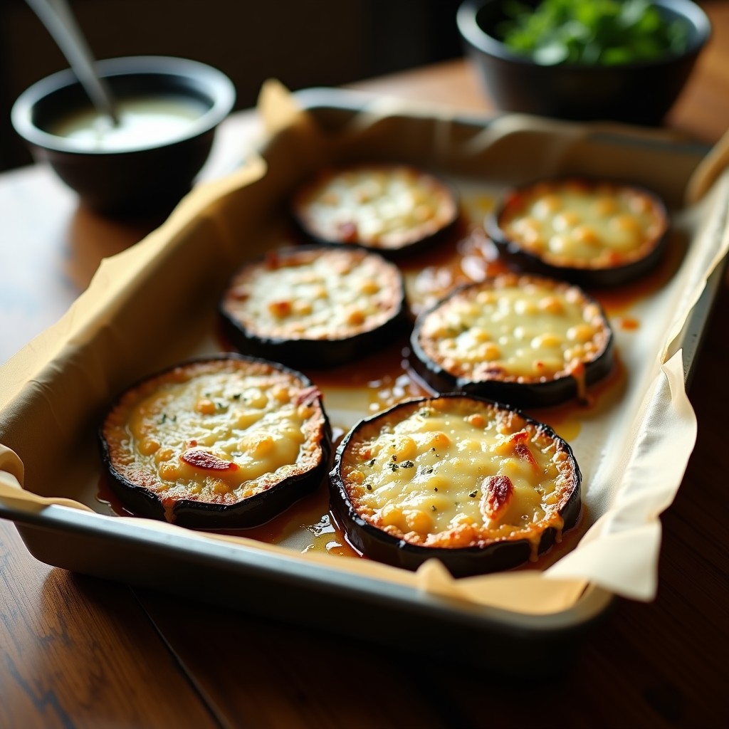 Bandeja de horno con rodajas de berenjenas doradas y crujientes, cubiertas de parmesano gratinado, servidas sobre papel de horno rústico.