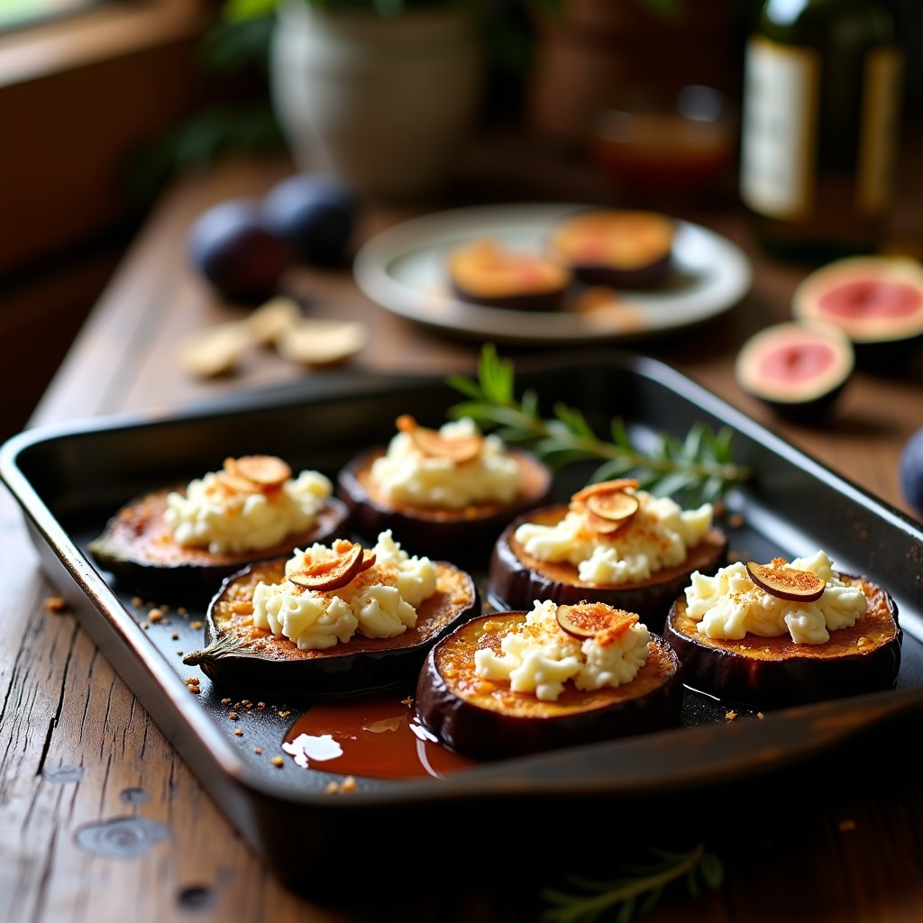 Bandeja de horno con rodajas doradas de berenjena asada, cubiertas con queso de cabra desmenuzado gratinado, mermelada de higos brillante y almendras fileteadas tostadas, decoradas con romero fresco. Receta mediterránea de berenjenas al horno con queso de cabra y mermelada de higos.