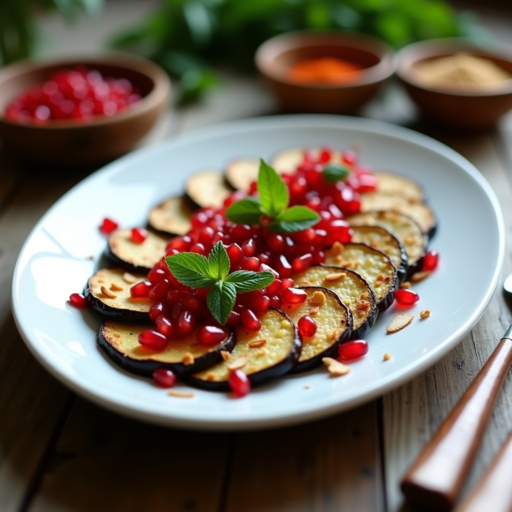 Berengenas asadas al horno con pulpa tierna y dorada, cubiertas con salsa vibrante de granados y menta fresca, servidas en plato de cerámica blanca con decoración árabe.