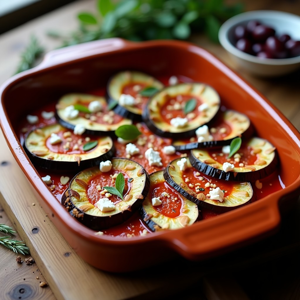 Bandeja de horno con berenjenas asadas cubiertas de salsa de tomate espesa y queso feta desmenuzado dorado, decoradas con almendras fileteadas y orégano fresco. Plato griego sin gluten con textura crujiente y jugosa.