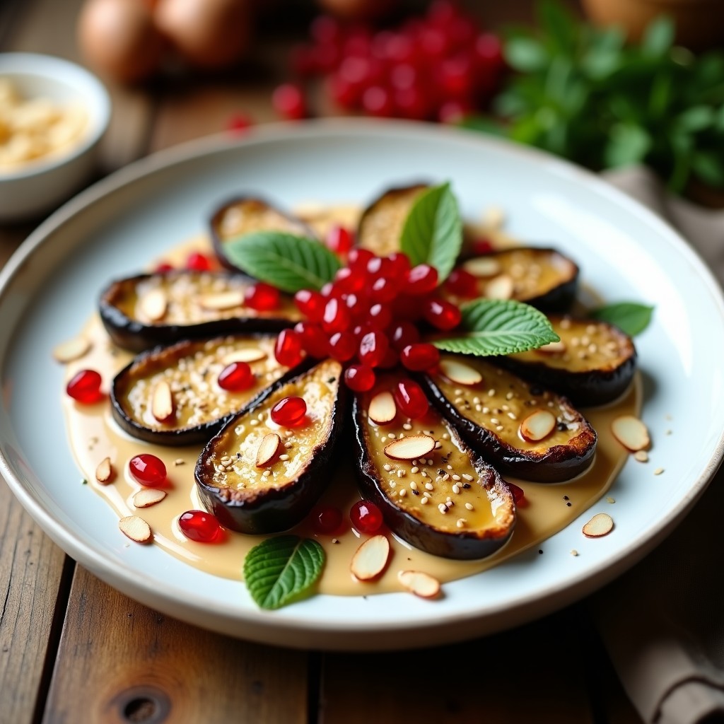 Berenjenas asadas en rodajas doradas con salsa cremosa de tahini y granadina, decoradas con almendras fileteadas y perejil fresco, receta libanesa sin gluten y crujiente.