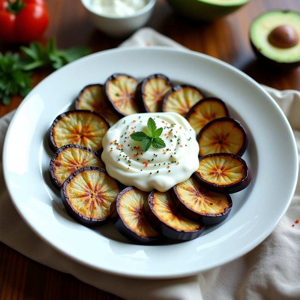 Plato blanco con rodajas de berenjena al microondas doradas, cubiertas con una salsa cremosa de yogur griego, eneldo y menta fresca. Receta turca sin aceite, baja en calorías y saludable.