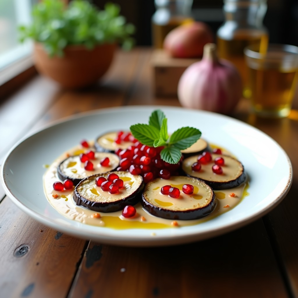 Plato blanco ovalado con rodajas de berenjena al microondas tiernas, cubiertas con salsa cremosa de tahini y semillas de granada rojas brillantes. Decorado con hojas de menta fresca y un hilo de aceite de oliva. Receta vegana en 10 minutos.
