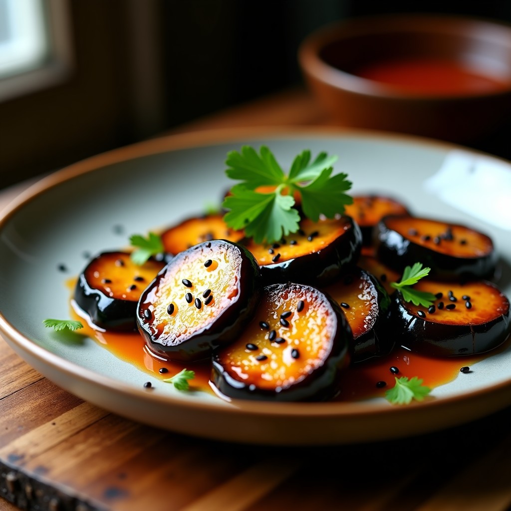 Rodajas doradas de berenjenas al miso con sésamo negro y miel de agave, entrante japonés vegano crujiente y brillante sobre bandeja de madera rústica.