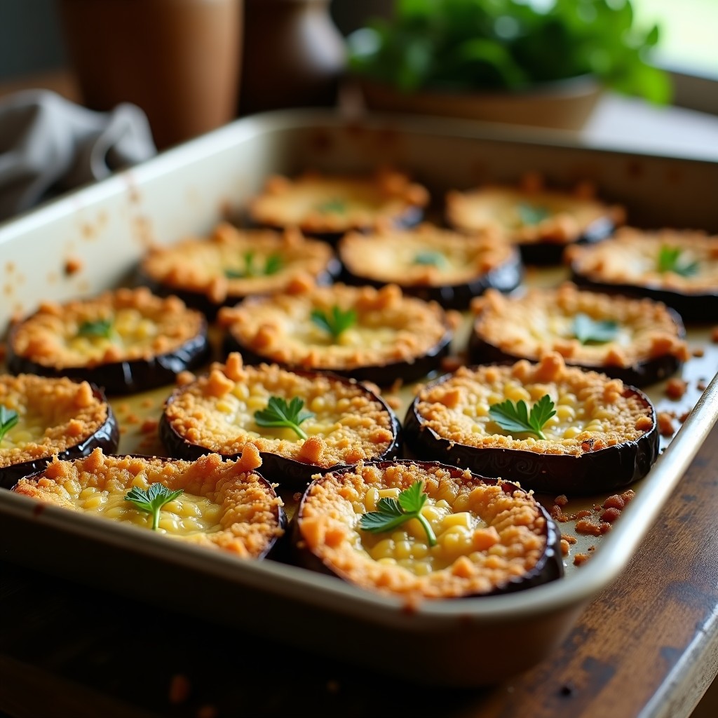 Bandeja de horno con berenjenas rebozadas doradas y crujientes, espolvoreadas con perejil fresco, receta de berenjenas rebozadas al horno sin aceite.