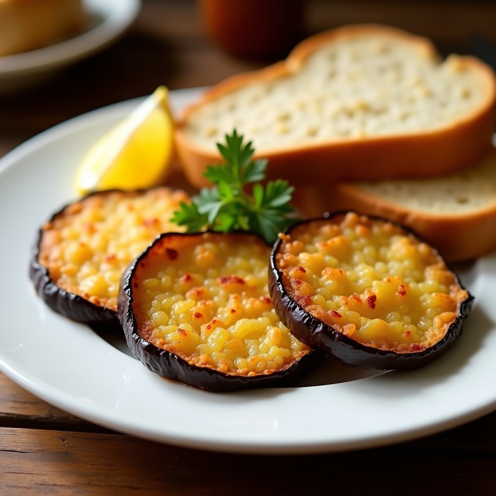 Plato blanco con berenjenas rebozadas doradas y crujientes, servidas con una ramita de perejil fresco y una rodaja de limón al lado. Receta tradicional española de berenjenas con huevo y pan.