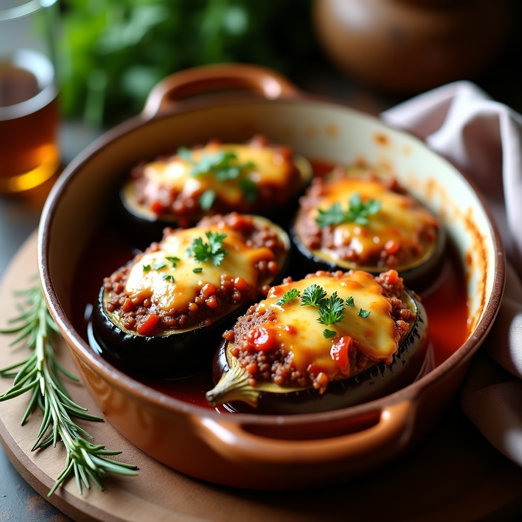 Berenjenas rellenas de carne picada al horno, gratinadas con queso dorado, servidas en una fuente de barro rústica con hierbas frescas.