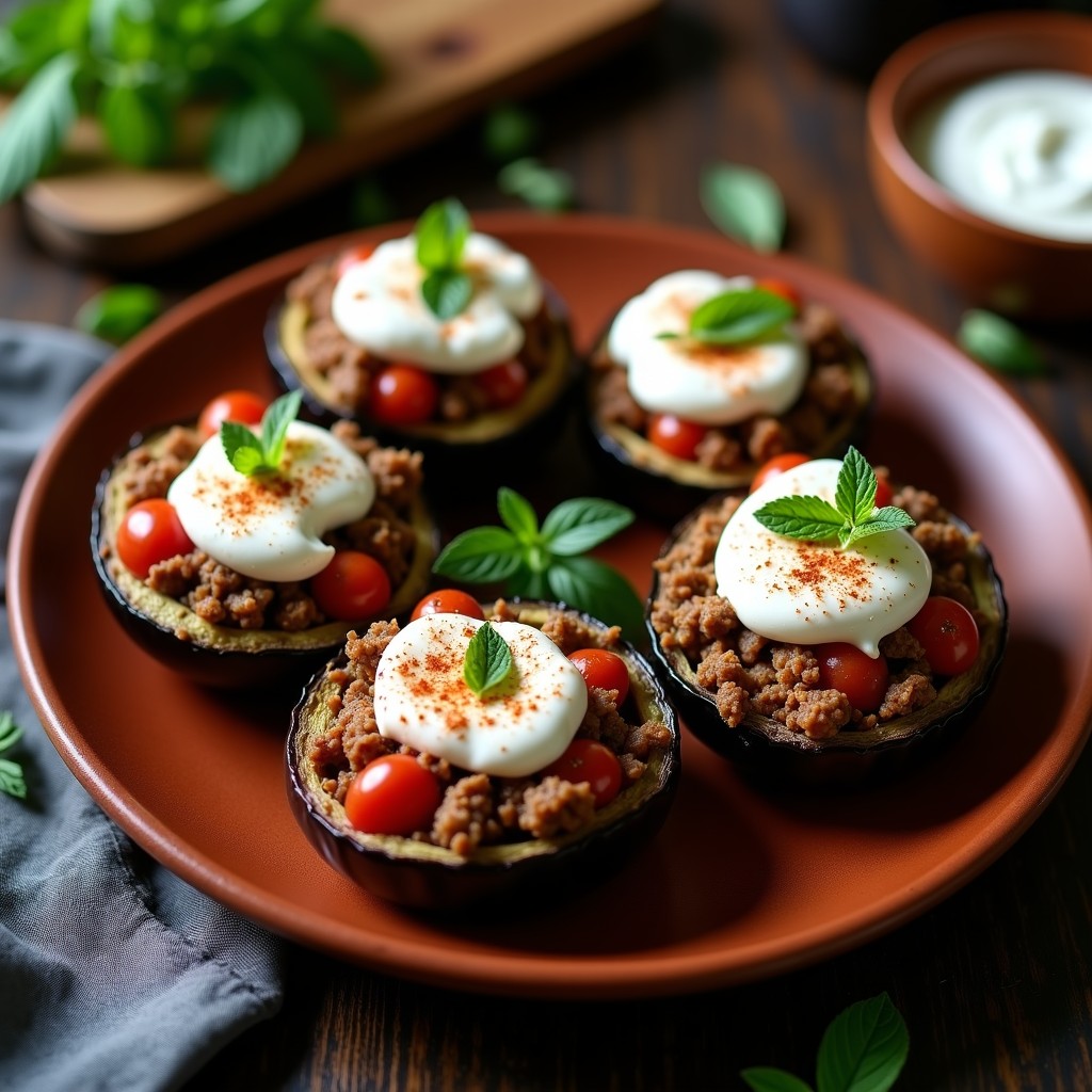 Berenjenas asadas rellenas de carne de cordero especiada con comino y cúrcuma, servidas en plato de barro con yogur griego y hierbabuena fresca.