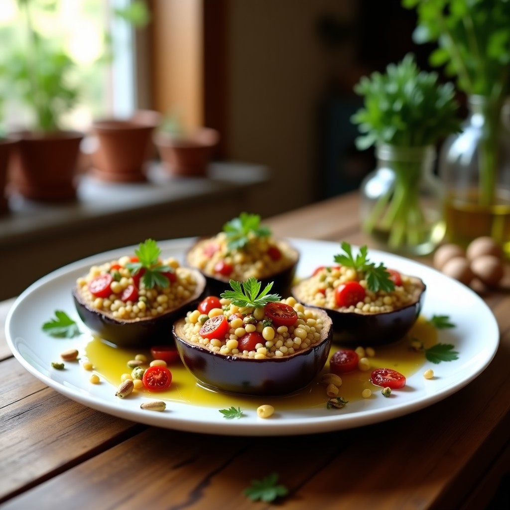 Berenjenas asadas rellenas de couscous integral, pistachos picados y tomates secos, decoradas con perejil fresco y un hilo de aceite de oliva sobre fondo rústico de madera.