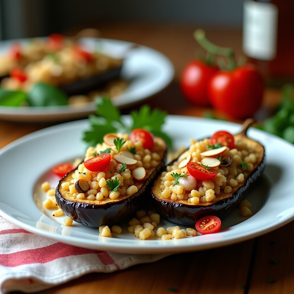 Berenjenas asadas en airfryer rellenas de couscous integral con hongos shiitake, cebolla morada y almendras fileteadas, servidas en plato blanco con perejil fresco.
