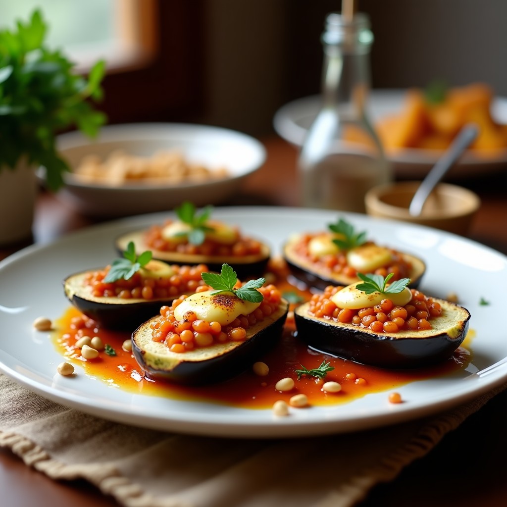 Berenjenas asadas al horno rellenas de lentejas Corail cremosas y queso de cabra dorado, decoradas con almendras fileteadas y hierbas provenzales frescas. Plato francés sin gluten sobre fondo rústico de madera.