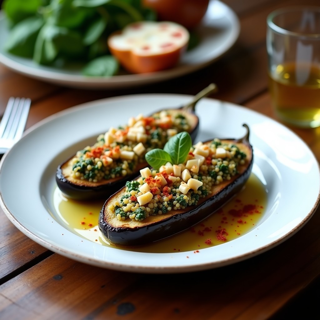 Berenjenas asadas al horno rellenas de quinoa, espinacas y queso feta, con superficie dorada y crujiente, servidas en fuente de cerámica blanca.