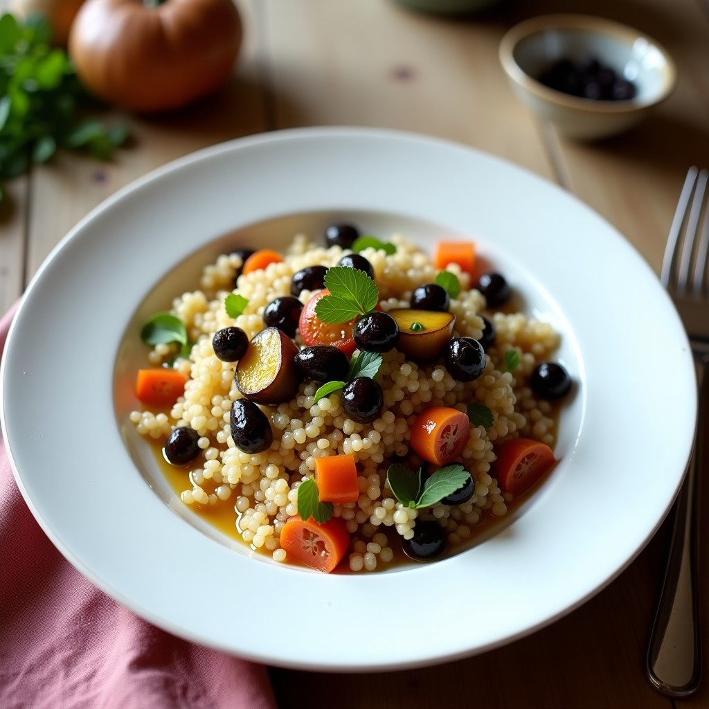 Berenjenas rellenas de quinoa y pasas con salsa de granado en olla lenta, servidas en plato blanco con cilantro fresco y almendras fileteadas, receta asiática vegana.