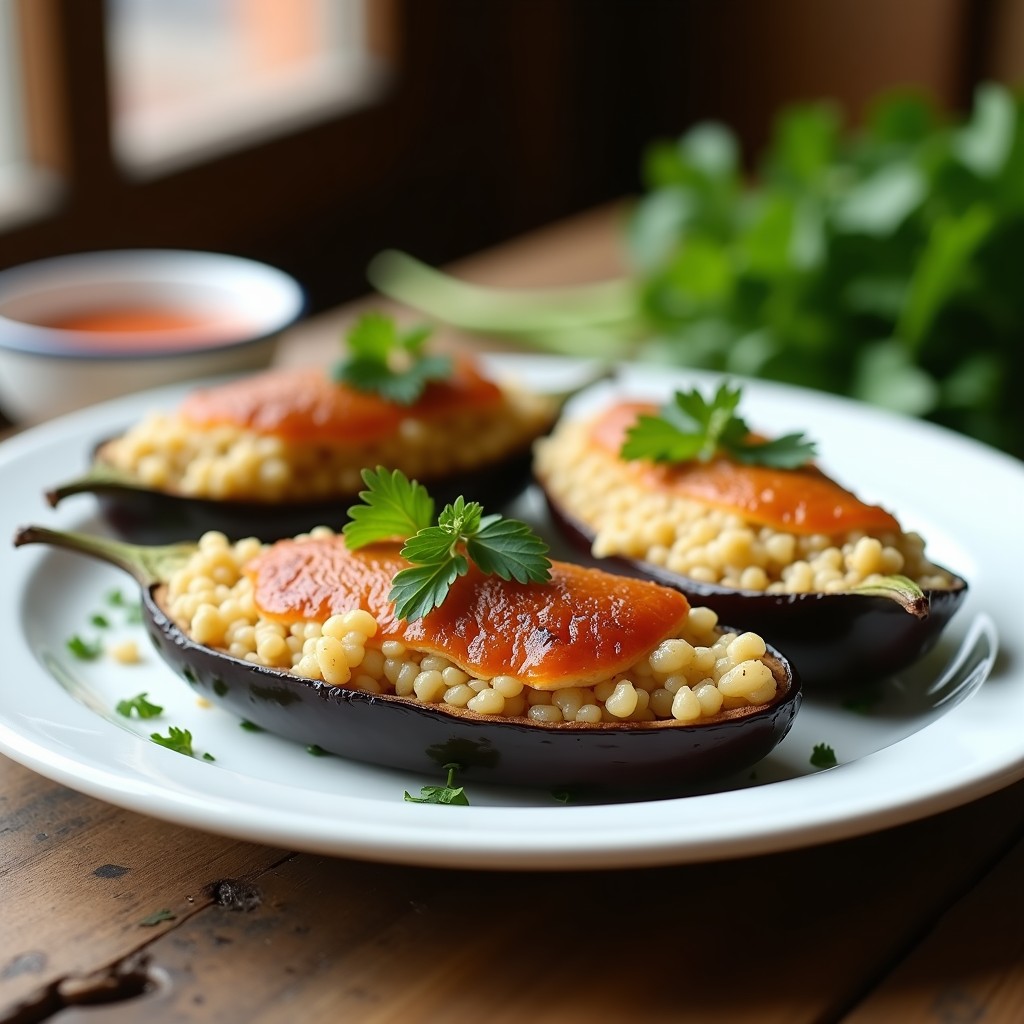 Berenjenas rellenas de quinoa y tofu al horno, servidas en plato blanco con perejil fresco y fondo rústico de madera.
