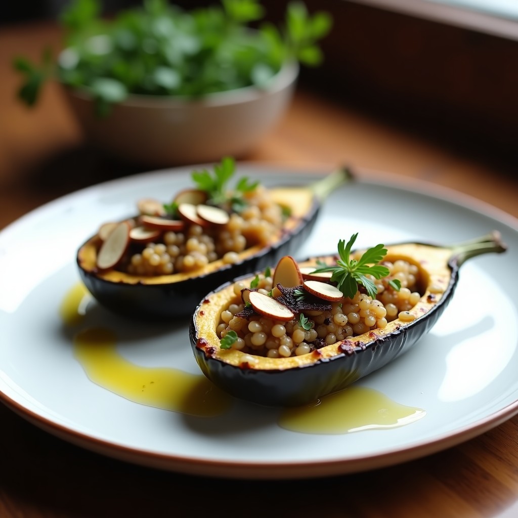 Plato blanco con dos mitades de berenjenas rellenas de quinoa, champiñones y trufa negra, decoradas con almendras y perejil, sobre fondo rústico de madera.