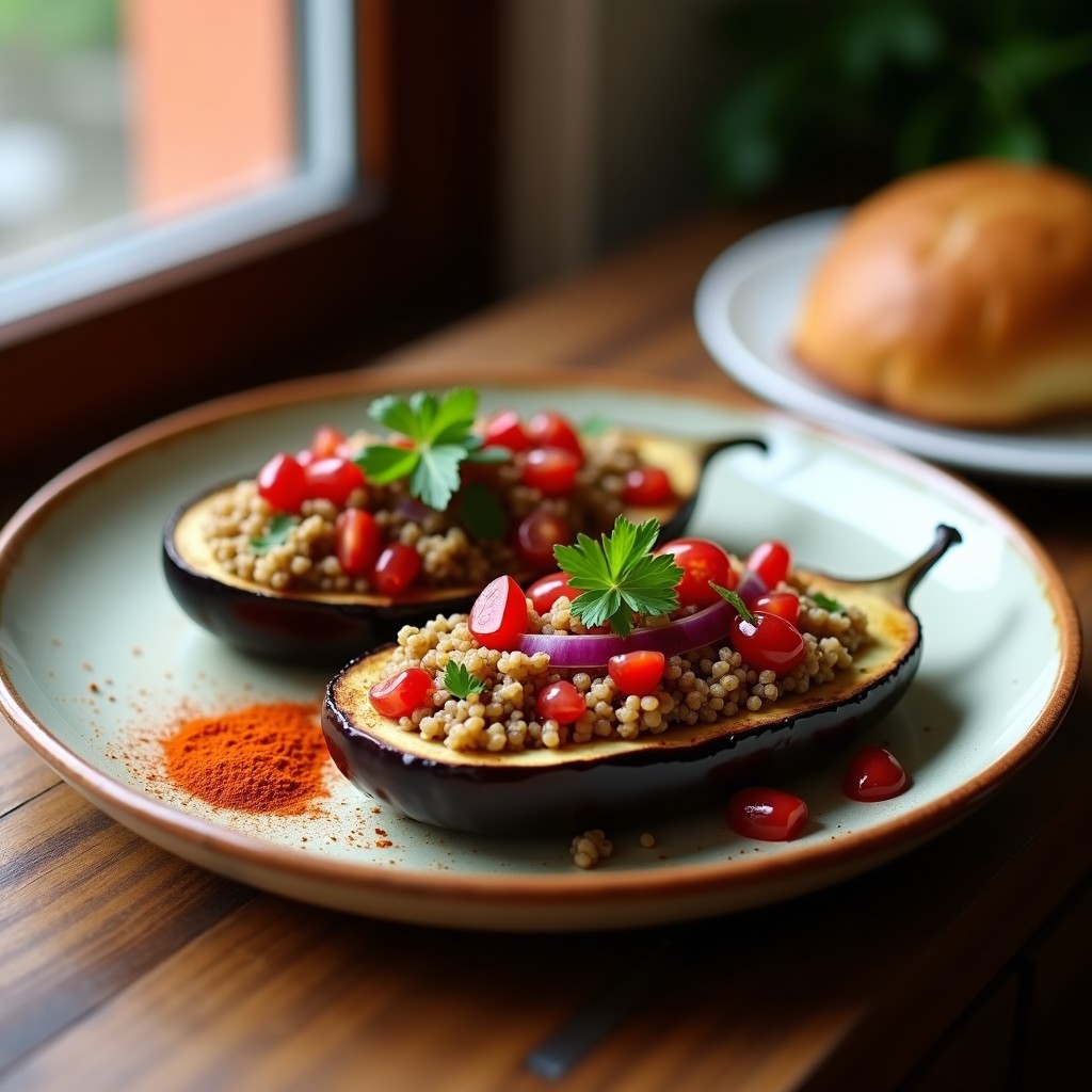 Berenjenas asadas rellenas de quinoa, cebolla morada, tomate y especias, decoradas con semillas de granada y sésamo tostado, servidas en plato rústico de cerámica.