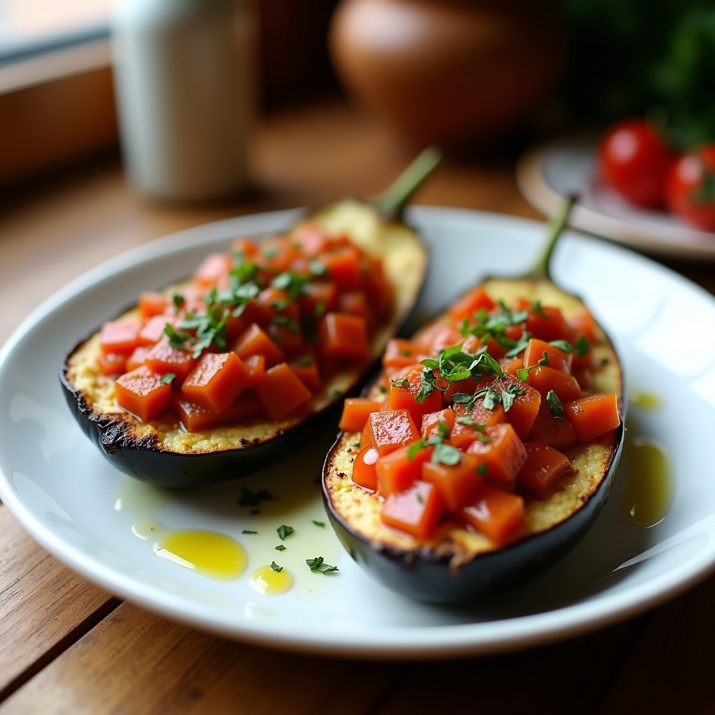 Berenjenas rellenas de tofu ahumado en plato blanco, doradas por fuera con relleno cremoso y hierbas provenzales, servidas con hilo de aceite de oliva.