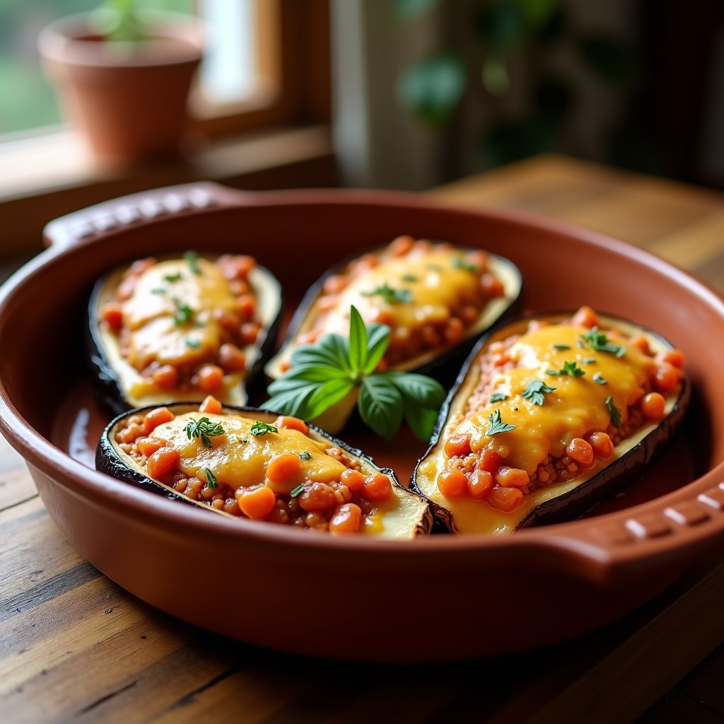 Berenjenas rellenas al túnel horneadas, con el interior jugoso de carne y bechamel gratinado, servidas en una fuente de barro rústica.