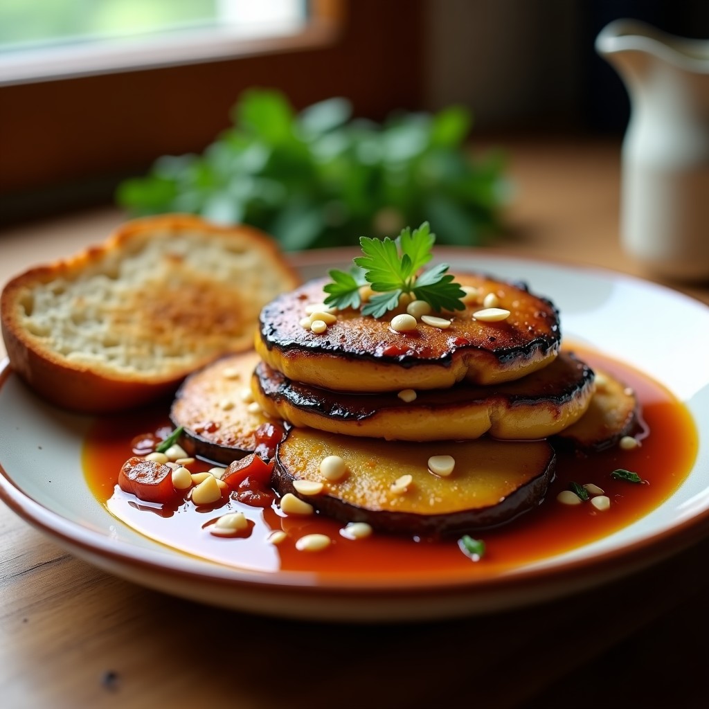 Plato de berioles de berenjena y merluza en capa, con sofrito de ñora espeso y dorado, decorado con perejil fresco y un hilo de aceite de oliva virgen extra. Receta catalana tradicional en Thermomix.