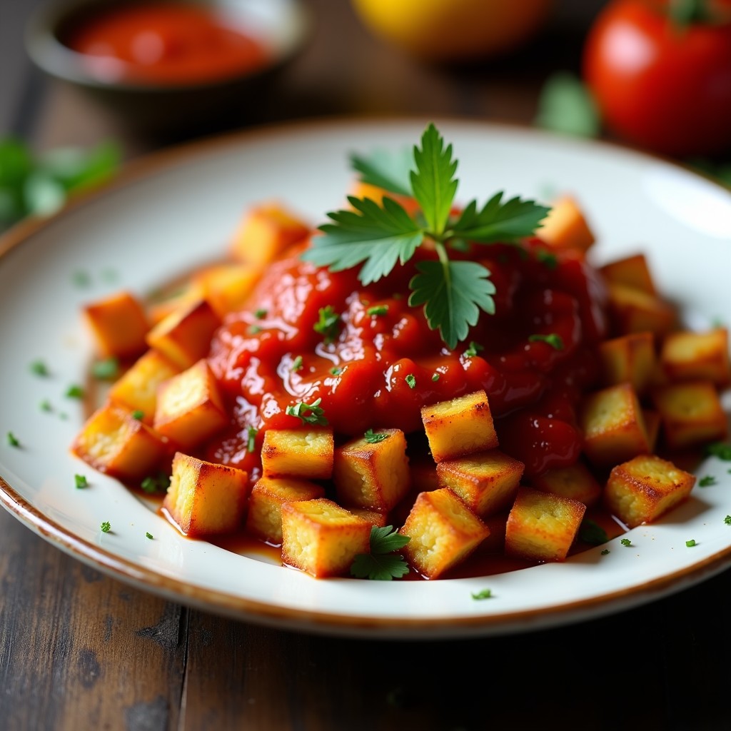 Plato de beruhs bravas veganas en Airfryer: cubos dorados de berenjena crujientes con salsa brava espesa y rojiza, decoradas con perejil fresco sobre fondo rústico.