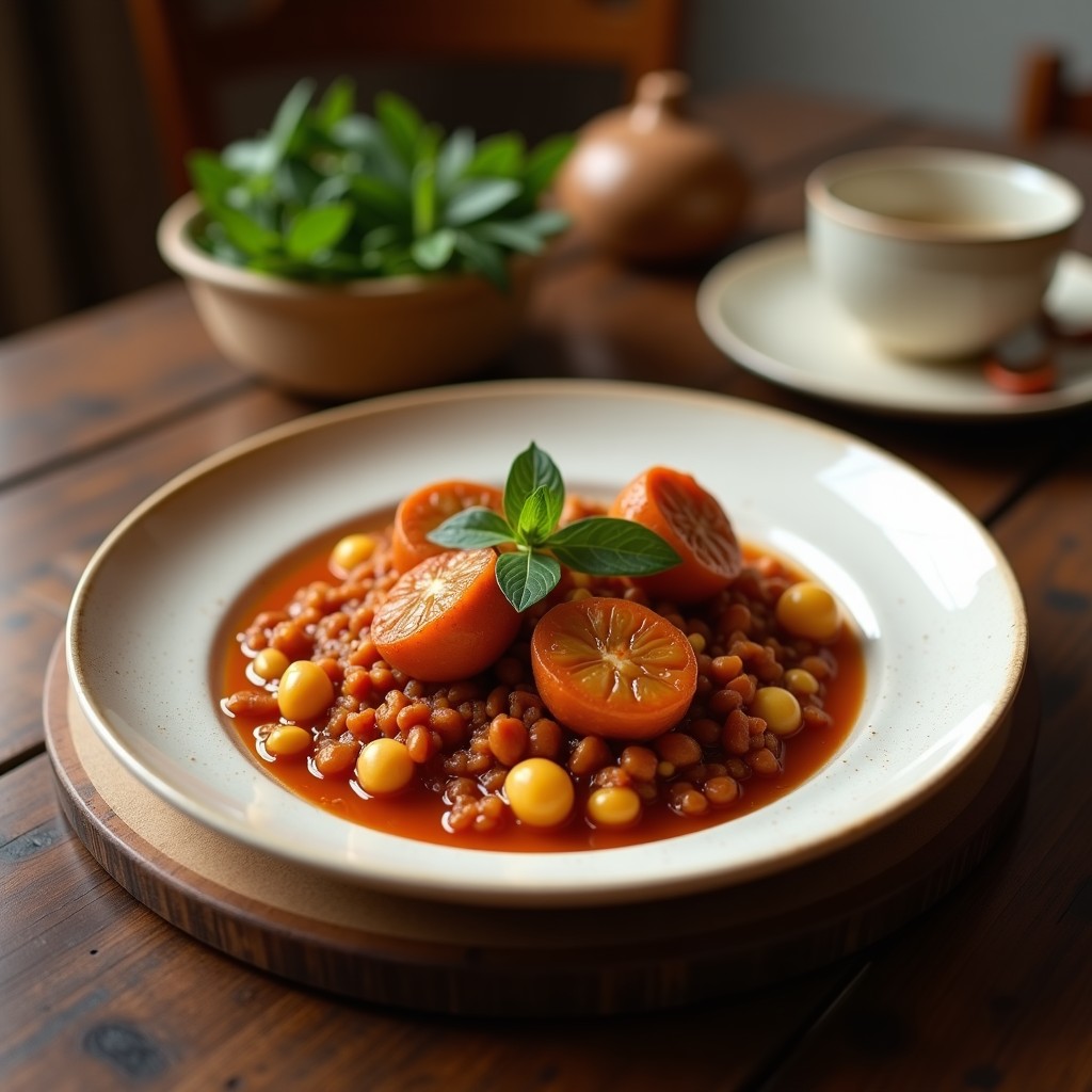 Olla de barro humeante con berza andaluza tradicional, llena de garbanzos, patatas, zanahorias, repollo y rodajas de morcilla de cebolla, servida en plato hondo rústico.